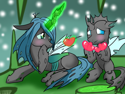 Size: 1024x768 | Tagged: safe, artist:shujiwakahisaa, queen chrysalis, changeling, changeling queen, nymph, g4, blushing, changeling feeding, christmas, christmas changeling, cute, cutealis, cuteling, duo, female, glowing horn, heart, hearth's warming eve, horn, magic, prone, sitting, smiling, snow, twelve days of christmas