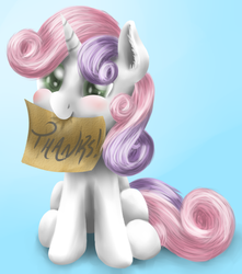 Size: 662x749 | Tagged: safe, artist:robbergon, sweetie belle, g4, cute, diasweetes, female, mouth hold, note, solo, thanks