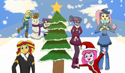 Size: 1987x1165 | Tagged: safe, artist:raricane, applejack, fluttershy, pinkie pie, rarity, sci-twi, sunset shimmer, twilight sparkle, equestria girls, g4, tree, winter