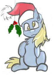 Size: 577x765 | Tagged: safe, artist:post-it, derpy hooves, pegasus, pony, g4, christmas, female, hat, holly, holly mistaken for mistletoe, mare, santa hat, simple background, sitting, solo