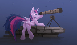 Size: 2162x1259 | Tagged: safe, artist:fuzzyfox11, twilight sparkle, alicorn, pony, g4, brick wall, butt, female, mare, plot, solo, stars, telescope, twibutt, twilight sparkle (alicorn)