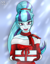 Size: 1800x2300 | Tagged: safe, artist:novaspark, sonata dusk, equestria girls, g4, blushing, christmas, clothes, female, gift giving, gloves, looking at you, present, scarf, snow, solo