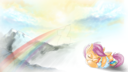 Size: 1600x900 | Tagged: dead source, safe, artist:feather-ponyart, rainbow dash, scootaloo, pegasus, pony, g4, cuddling, eyes closed, female, filly, foal, folded wings, mare, mountain, plushie, prone, rainbow, rainbow dash plushie, rainbow trail, scenery, sky, sleeping, smiling, snuggling, solo, watermark, wings