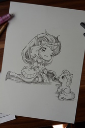 Size: 3072x4608 | Tagged: safe, artist:lighane, sweetie belle, g4, crossover, crying, league of legends, scrapes, smiling, soraka, summoner showcase, traditional art