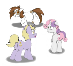 Size: 828x753 | Tagged: safe, artist:mlp-pregnancy-is-magic, dinky hooves, pipsqueak, sweetie belle, pony, unicorn, g4, butt, embarrassed, older, pipi, plot, pregnant, rule 63, silver bell, twerpy hooves