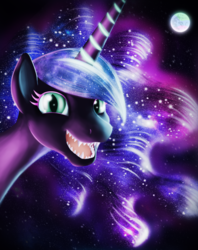 Size: 1354x1709 | Tagged: safe, artist:starblaze25, nightmare moon, alicorn, pony, g4, female, looking at you, moon, open mouth, open smile, sharp teeth, smiling, solo, teeth
