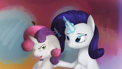 Size: 2560x1440 | Tagged: safe, artist:starblaze25, rarity, sweetie belle, g4, magic aura, messy mane, scratches, twig