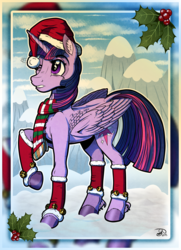 Size: 2000x2769 | Tagged: safe, artist:gray--day, twilight sparkle, alicorn, pony, g4, christmas, clothes, female, hat, high res, jingle bells, mare, santa hat, scarf, snow, solo, twilight sparkle (alicorn)