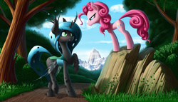Size: 1944x1111 | Tagged: safe, artist:zigword, pinkie pie, queen chrysalis, changeling, changeling queen, earth pony, pony, g4, crown, female, forest, frown, jewelry, mountain, raised hoof, regalia, scenery, trail
