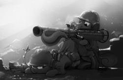 Size: 3000x1951 | Tagged: safe, artist:dimfann, oc, oc only, :t, clothes, dimfann's war universe, eyes on the prize, face down ass up, female, frown, grayscale, helmet, leaning, lidded eyes, military, monochrome, rocket launcher, sitting, smiling, soldier, sweat, unamused, uniform