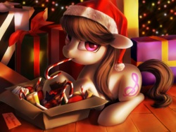 Size: 1999x1500 | Tagged: safe, artist:chryseum, octavia melody, earth pony, pony, g4, candy, candy cane, chocolate, christmas, christmas lights, christmas tree, cute, female, food, hat, looking at you, mare, present, santa hat, solo, sugar cane, tavibetes, tree