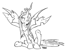 Size: 2617x2079 | Tagged: safe, artist:yewdee, queen chrysalis, changeling, changeling queen, g4, cute, cutealis, female, high res, monochrome, pen and ink, solo, traditional art, underhoof