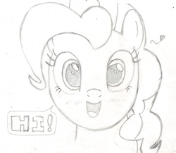 Size: 1477x1281 | Tagged: safe, artist:chronicle23, pinkie pie, g4, dialogue, female, heart, hi, monochrome, smiling, solo, speech bubble