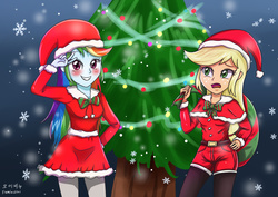 Size: 3507x2480 | Tagged: safe, artist:sumin6301, applejack, rainbow dash, equestria girls, g4, bag, blushing, christmas, christmas lights, christmas tree, clothes, confused, cute, dress, frown, grin, hat, high res, hot pants, open mouth, peace sign, raised eyebrow, sack, salute, santa costume, santa hat, santa sack, smiling, snow, snowflake, stockings, tree