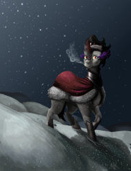Size: 900x1178 | Tagged: safe, artist:canterlotroyalty, king sombra, g4, looking at you, male, raised hoof, snow, snowfall, solo, standing, turned head