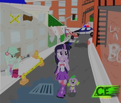 Size: 2667x2271 | Tagged: safe, artist:comedyestudios, lyra heartstrings, spike, twilight sparkle, dog, equestria girls, g4, car, cigarette, high res, police, police car, smoking, spike the dog