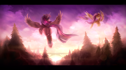 Size: 2764x1550 | Tagged: dead source, safe, artist:ventious, fluttershy, twilight sparkle, alicorn, pony, g4, bridge, butt, duo, duo female, female, flying, forest, lens flare, letterboxing, mare, plot, scenery, spread wings, sunset, twibutt, twilight sparkle (alicorn), wings