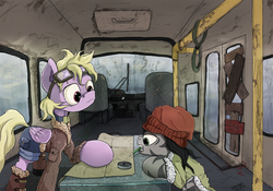 Size: 5000x3500 | Tagged: safe, artist:krecker-cream, oc, oc only, oc:dazzling "dodo" dusk, fallout equestria, fallout equestria: the fossil, barricade, beanie, bus, clothes, compass, goggles, hat, map, mouth hold
