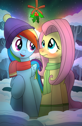 Size: 1000x1533 | Tagged: safe, artist:drawponies, fluttershy, rainbow dash, g4, clothes, female, holly, holly mistaken for mistletoe, lesbian, scarf, ship:flutterdash, shipping