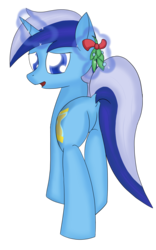 Size: 1000x1600 | Tagged: safe, artist:nevaylin, minuette, pony, unicorn, g4, butt, colored pupils, dock, featureless crotch, female, looking at you, looking back, mare, mistletoe, mistletoe abuse, open mouth, plot, simple background, solo, transparent background