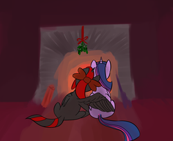 Size: 1000x815 | Tagged: safe, artist:pinkamenadianepi, twilight sparkle, oc, alicorn, pony, g4, alicorn oc, canon x oc, fireplace, mistletoe, shipping, twilight sparkle (alicorn)