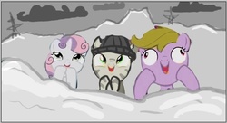 Size: 643x351 | Tagged: safe, artist:agm, edit, sweetie belle, oc, oc:dazzling "dodo" dusk, g4, bad edit, beanie, hat, snow