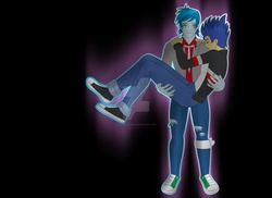 Size: 1600x1163 | Tagged: safe, artist:supermaxx92, flash sentry, thunderbass, equestria girls, g4, background human, bridal carry, carrying, couple, gay, holding, lifting, male, rocker, shipping, thunderflash, watermark, yaoi hands