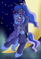 Size: 1024x1463 | Tagged: safe, artist:alexdemitri, princess luna, pony, g4, duo, hug, moon, s1 luna, self ponidox, tangible heavenly object, watermark