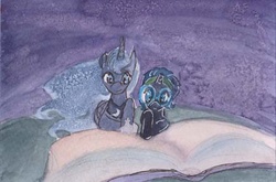 Size: 433x285 | Tagged: safe, artist:enuwey, princess luna, oc, oc:nyx, alicorn, pony, g4, alicorn oc, book, reading