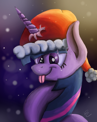 Size: 1200x1500 | Tagged: safe, artist:d0ublerainb0wdash, twilight sparkle, pony, unicorn, g4, :p, :t, cute, female, gradient background, hat, horn, horn impalement, mare, santa hat, silly, silly pony, smiling, snow, snowfall, solo, tongue out, twiabetes, unicorn twilight