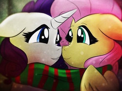 Size: 2048x1536 | Tagged: safe, artist:mylittlelevi64, fluttershy, rarity, g4, boop, clothes, female, floppy ears, lesbian, noseboop, scarf, shared clothing, shared scarf, ship:flarity, shipping