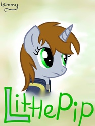 Size: 1200x1600 | Tagged: safe, artist:lemmy, oc, oc only, oc:littlepip, pony, unicorn, fallout equestria, abstract background, clothes, fanfic, fanfic art, female, horn, jumpsuit, mare, solo, text, vault suit