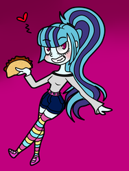 Size: 1500x2000 | Tagged: safe, artist:niightlydark, sonata dusk, equestria girls, g4, blushing, clothes, female, food, grin, heart, socks, solo, sonataco, striped socks, taco, that girl sure loves tacos, that siren sure does love tacos, thigh highs