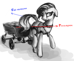 Size: 1500x1238 | Tagged: safe, artist:warpony, cart, looking at you, mischief, monochrome, physics, russian, sketchy, solo