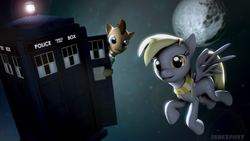 Size: 1920x1080 | Tagged: safe, artist:indexpony, derpy hooves, doctor whooves, time turner, pegasus, pony, 3d, clothes, doctor who, female, light, male, mare, mare in the moon, moon, scarf, source filmmaker, space, stallion, tardis, the doctor