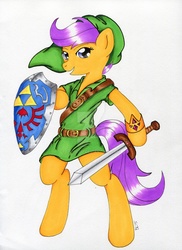 Size: 1024x1410 | Tagged: safe, artist:shyredd, scootaloo, pony, g4, bipedal, clothes, cosplay, costume, crossover, female, link, shield, solo, sword, the legend of zelda, weapon