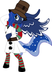 Size: 1024x1407 | Tagged: safe, artist:up1ter, princess luna, alicorn, pony, g4, cloth, clothes, female, hat, jade eyes, scarf, snow, snowflake, snowman, socks, solo, striped socks, tights, wings