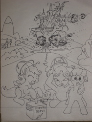 Size: 1024x1365 | Tagged: safe, artist:hillbe, apple bloom, scootaloo, sweetie belle, g4, cutie mark crusaders, demolition, detonator, dynamite, explosives, hard hat, hat, traditional art, twilight's castle