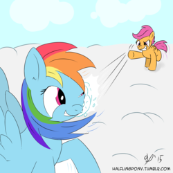 Size: 1050x1050 | Tagged: safe, artist:halflingpony, rainbow dash, scootaloo, g4, my little art challenge, scootalove, snow, snowball, snowball fight