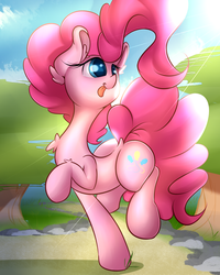 Size: 2000x2500 | Tagged: safe, artist:madacon, pinkie pie, earth pony, pony, g4, :p, chest fluff, derp, female, high res, mare, raised hoof, solo, tongue out
