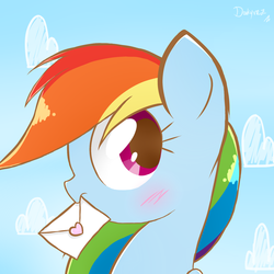 Size: 1500x1500 | Tagged: safe, artist:darkynez, rainbow dash, g4, blushing, bust, cute, dashabetes, envelope, female, letter, love letter, mouth hold, portrait, profile, solo