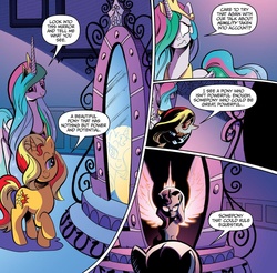 Size: 1068x1052 | Tagged: safe, idw, princess celestia, sunset shimmer, alicorn, pony, unicorn, g4, duckery in the description, magic mirror, mirror, op is a duck, op is trying to start shit, wings