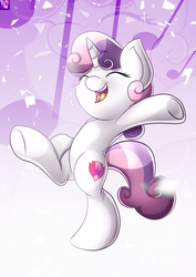 Size: 600x848 | Tagged: safe, artist:ikuvaito, sweetie belle, pony, g4, bipedal, cutie mark, eyes closed, female, filly, singing, solo, the cmc's cutie marks, underhoof
