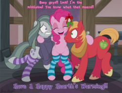 Size: 1421x1085 | Tagged: safe, artist:brianblackberry, big macintosh, marble pie, pinkie pie, earth pony, pony, g4, bipedal, bottomless, clothes, eyes closed, female, hearth's warming eve, male, mare, mistletoe, partial nudity, ship:marblemac, shipper on deck, shipping, socks, stallion, straight, striped socks, sweater, unshorn fetlocks