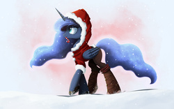 Size: 2000x1250 | Tagged: safe, artist:ncmares, princess luna, alicorn, pony, g4, boots, candy, candy cane, clothes, cold, female, food, mare, mouth hold, santa costume, snow, snowfall, solo, winter