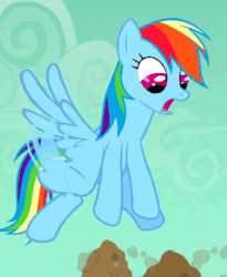 Size: 271x330 | Tagged: safe, screencap, rainbow dash, pony, a dog and pony show, g4, season 1, animated, cute, d:, dashabetes, dirt, female, flying, frown, gif, looking down, mare, open mouth, shocked, solo, wide eyes