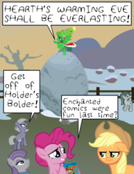 Size: 2550x3300 | Tagged: safe, artist:oneovertwo, applejack, limestone pie, marble pie, maud pie, pinkie pie, oc, oc:ho-ho-horrible, g4, dialogue, high res, holder's boulder