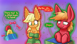 Size: 1280x731 | Tagged: safe, artist:heir-of-rick, part of a set, apple bloom, applejack, big macintosh, earth pony, pony, daily apple pony, g4, :i, :t, bow, box, chest fluff, crying, dialogue, ear fluff, face down ass up, female, filly, fluffy, glowing, happy, impossibly large ears, lidded eyes, male, mare, present, purple background, shoulder fluff, simple background, smiling, stallion, wavy mouth