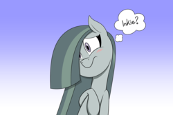 Size: 1800x1200 | Tagged: safe, artist:mofetafrombrooklyn, marble pie, earth pony, pony, g4, blushing, female, frown, solo, thought bubble, wide eyes