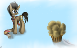 Size: 1280x800 | Tagged: safe, artist:asiul-shira, doctor whooves, time turner, earth pony, pony, g4, backwards cutie mark, christmas, clothes, feather, food, fourth doctor's scarf, implied derpy, male, muffin, present, scarf, signature, snow, solo, stallion, striped scarf